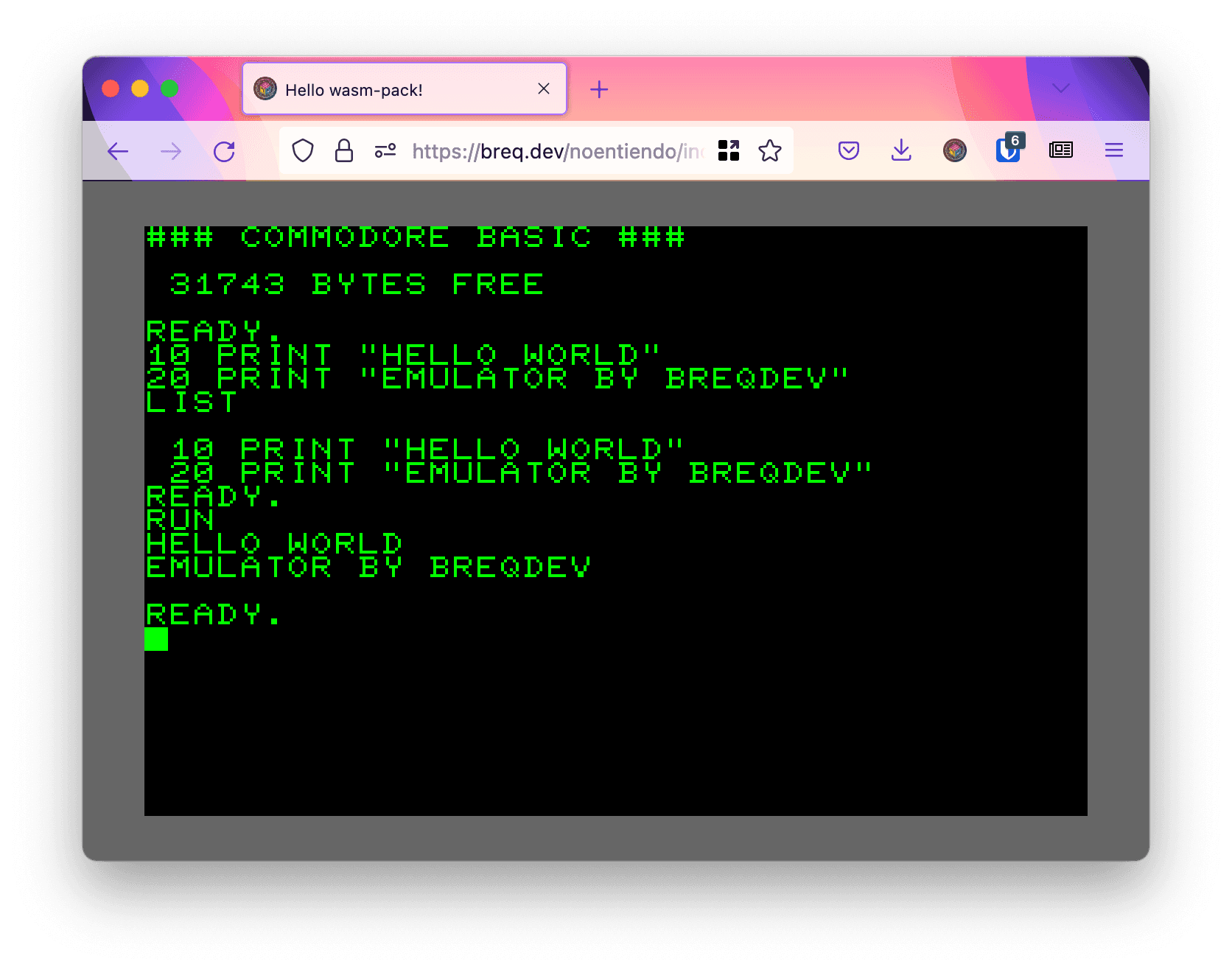 A screenshot of a Commodore PET emulator running in a browser.